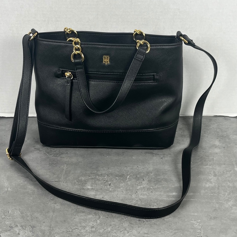 Tommy Hilfiger Black Saffiano Faux Leather Crossbody Tote‎ Bag 69J5019/001